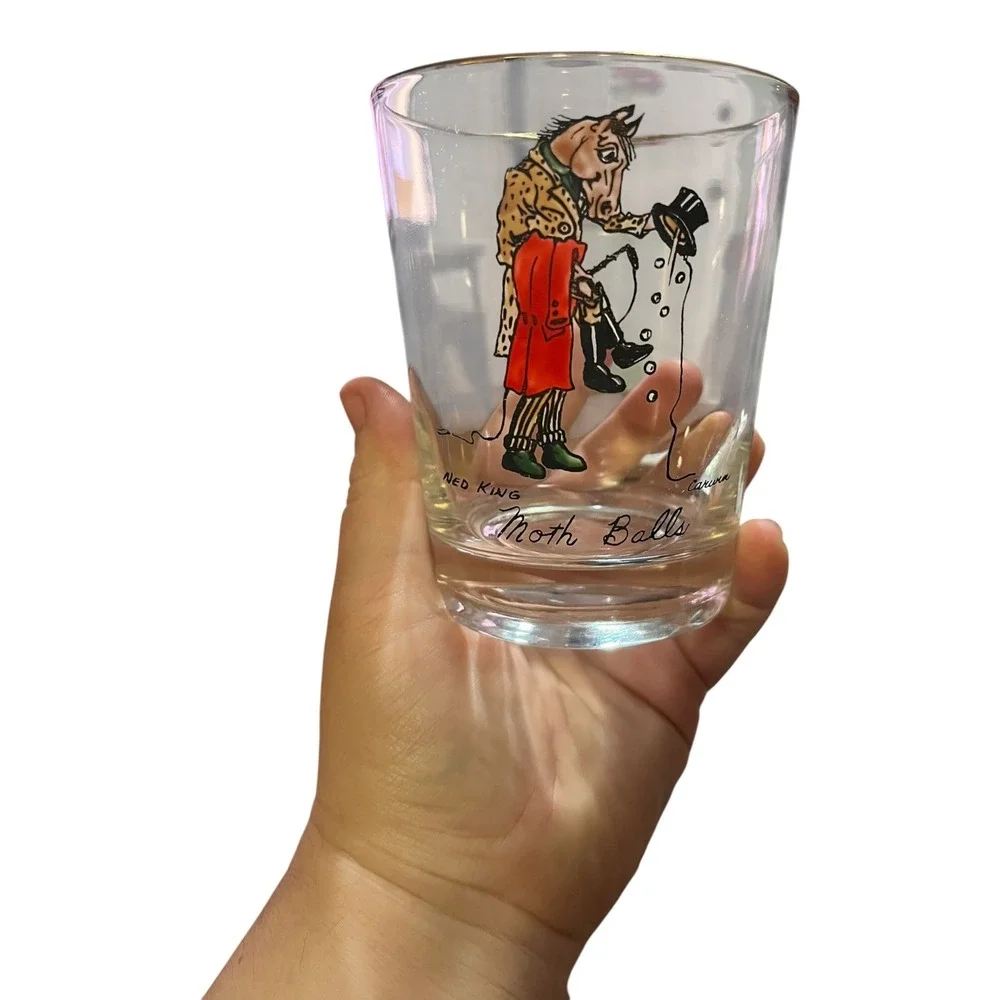 Vtg Ned King Carwin Moth Balls Horse Glass Gilt Gold Rim Barware Novelty Tumbler